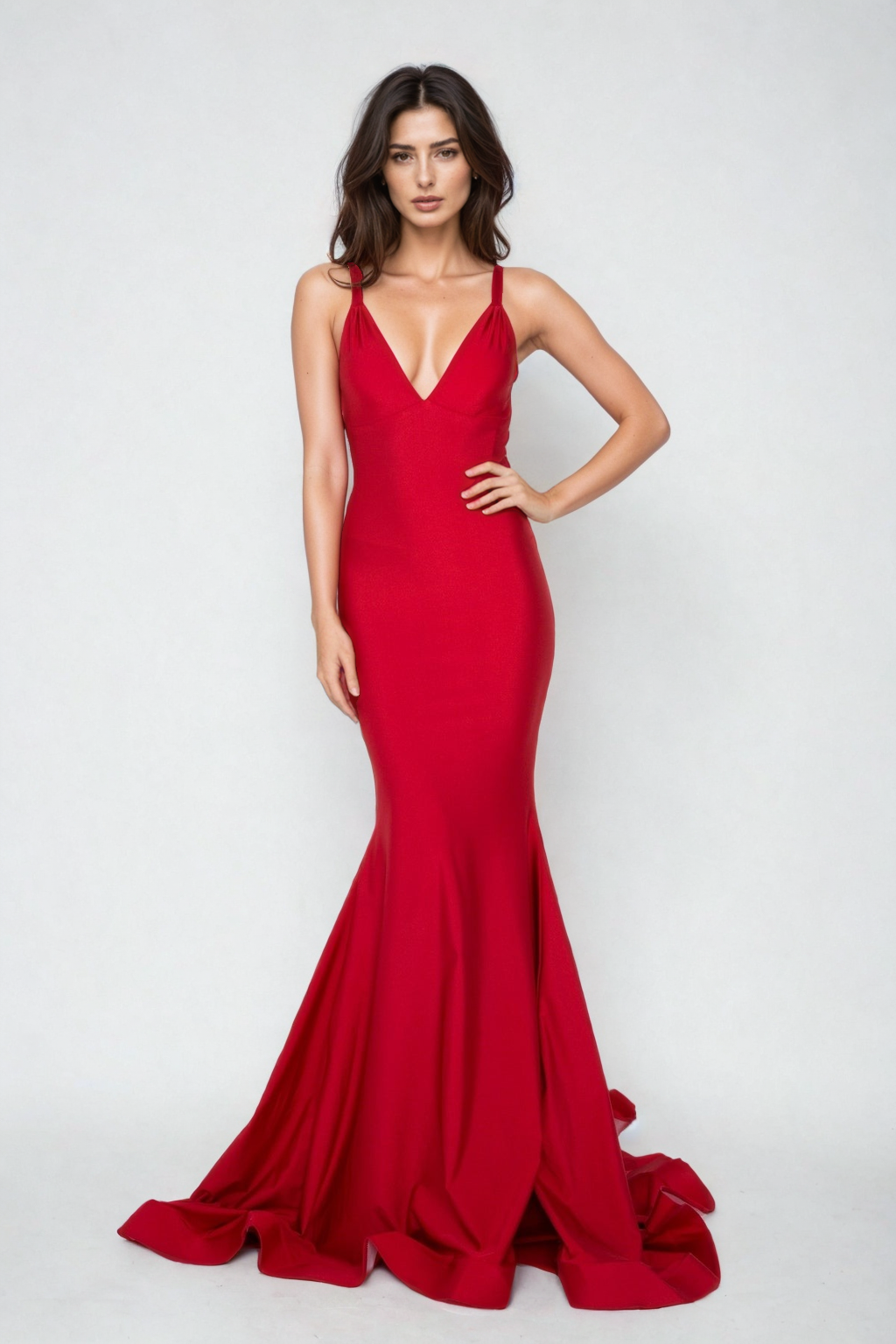 Woman stands against a plain light background in the Atria 6502H Open-Back Long Prom Dress—a fitted, floor-length red mermaid gown with a deep V-neckline and thin straps.